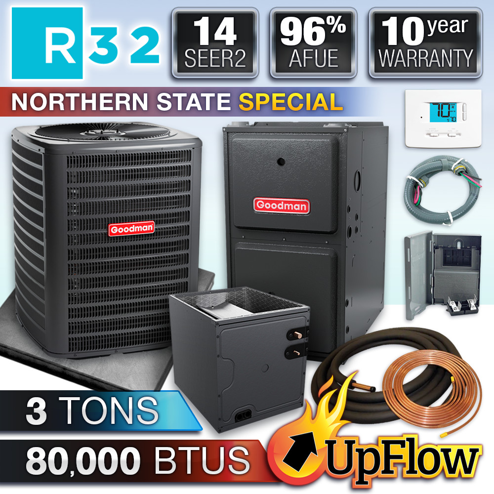 Goodman 3 Ton R32 Air Conditioner & 96% 80000 BTU Upflow Gas