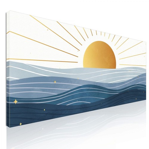 Ilustración De Paisaje Boho Chic Pintando Amanecer Sobre El Mar Con Sol Dorado Y - Imagen 1 de 6