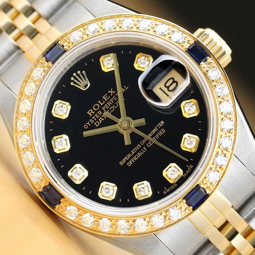 Rolex Damen Datejust Schwarz Saphir Diamant 18K Gelbgold / Ss Stahl Armbanduhr