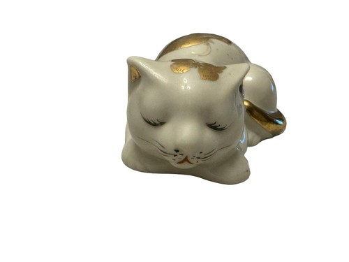 "Estatuilla de gato de porcelana Takahashi vintage pintada a mano mariposas doradas 6"" de ancho x 2"" de alto" - Imagen 2 de 6