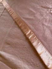 Vtg Wool Blanket With Satin Edge Trim 72” X 80” Twin Or Double Pink Or Coral
