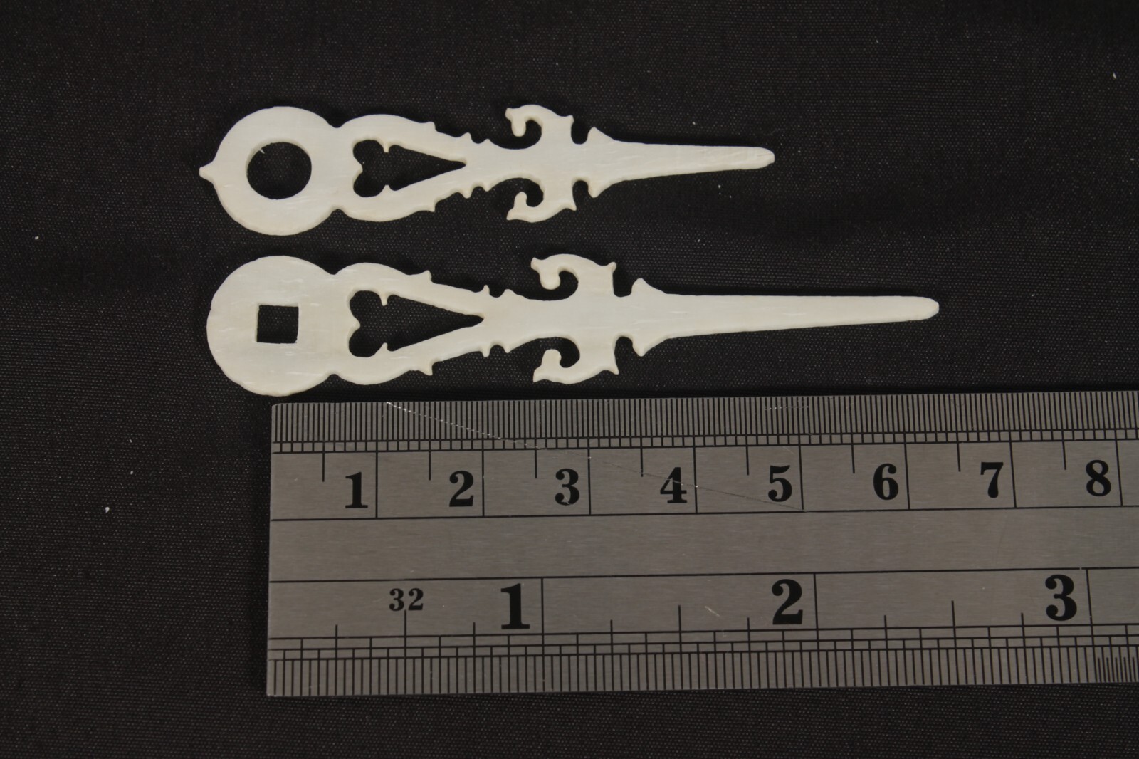 Pair of new real buffalo bone cuckoo clock hands. 64mm minute hand