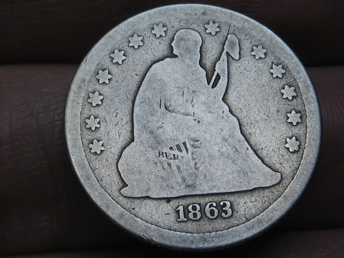 1863 P Silver Seated Liberty Quarter- Philadelphia, Good/VG Details
