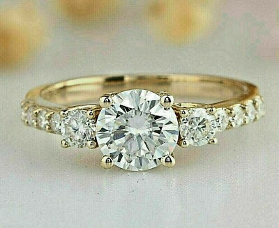 3 Lab Created Diamond Solitaire With Accent Engagement Ring 14K Yellow Gold Over