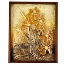 Vintage Original Floral Oil Painting Art Texture Impasto Gold Flowers Framed 11"