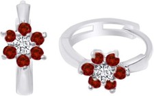Flower Huggie Hoop Earrings Simulated Red Garnet Cubic Zirconia 925 Sterling