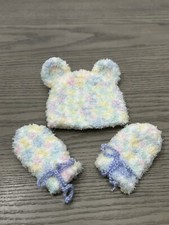 Crochet/ Knit Fluffy Cloud Baby Hat With Ears N Mittens Gift Set Handmade unisex