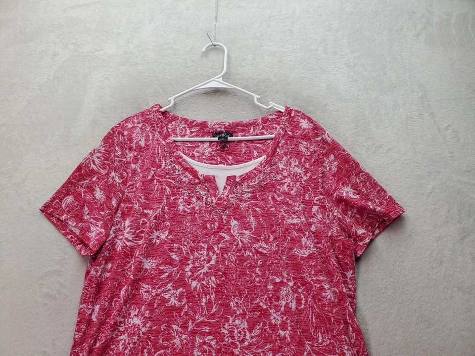 Blusa Top Para Mujer ERIKA XL Rosa Floral Poliéster Manga Corta Cuello Redondo Abertura Foto 4 de 4