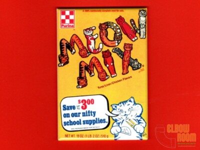 Meow Mix box art 2x3'' fridge/locker magnet vintage Purina cat food