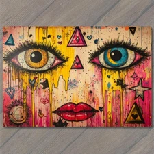 Art Print Woman Feminine Graffiti Blue Eyes Pink Lips Yellow Star Urban Abstract