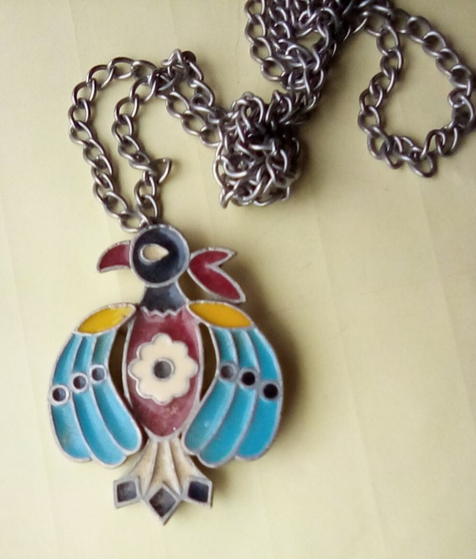Vintage Enameled Thunderbird Brooch Pin Pendant with Chain 1970s