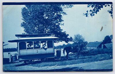 Fenton-Long Lake~Hatted Trio~Horse-Drawn Trolley~Eddy's Landing~Cyanotpye RPPC