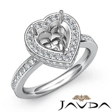 Heart Shape Semi Mount Halo Set Diamond Engagement Ring 18k White Gold 0.89Ctw.