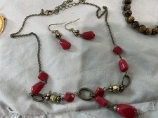 Red Beaded Necklace & Teardrop Dangle Earrings Jewelry Set Metal Beads