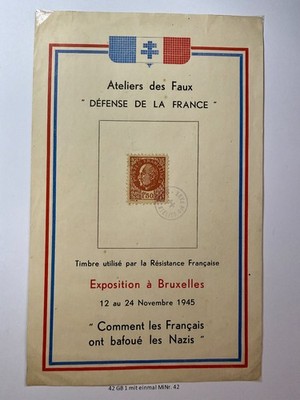 Gedenkblatt mit Propagandafälschung der Freimarke Frankreich MiNr. 524 (1944)