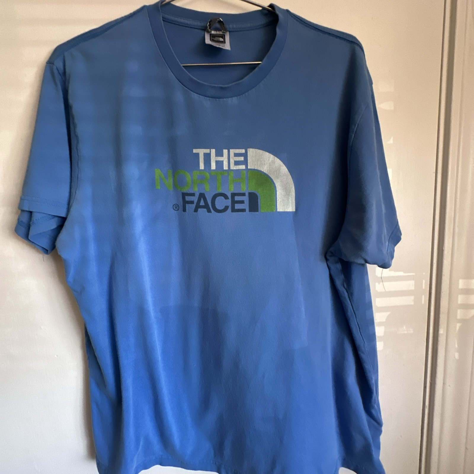 Vintage Men's North Face Logo Tee Large Baby Blue Made in Greece  