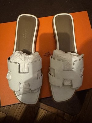 Hermes Oran Sandals White Leather Slides Women s Size 7 (37EU)
