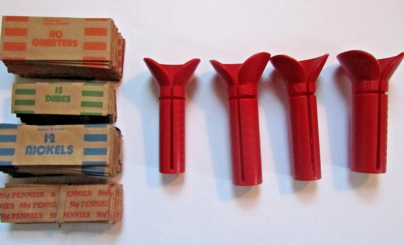 VINTAGE COIN COLLECTION KIT RED CANISTERS  FOUR (4) CANISTERS & PAPER WRAPPERS