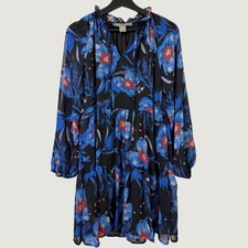 Lark + Grey Blue Floral Tiered Babydoll Mini Dress Long Balloon Sleeve Size M