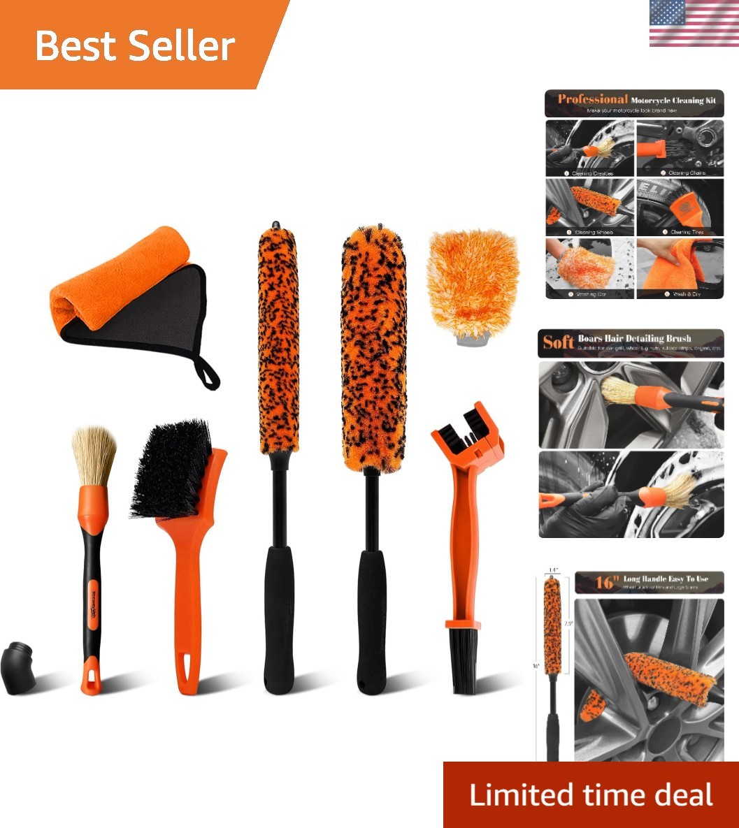 7PCS Motorcycle Cleaning Kit with 2-Size Bendable Wheel Brushes