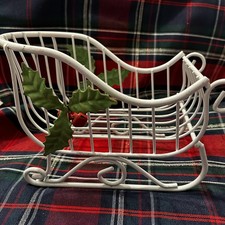 Vintage Metal Wire Sleigh White Holly Berry Jingle Bells Farmhouse Christmas