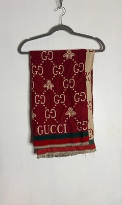 GG Bee Web Stripe Reversible Scarf Red Beige