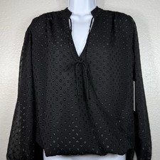 Women s black split-neck blouse Sz S lightweight sheer black chiffon dots party