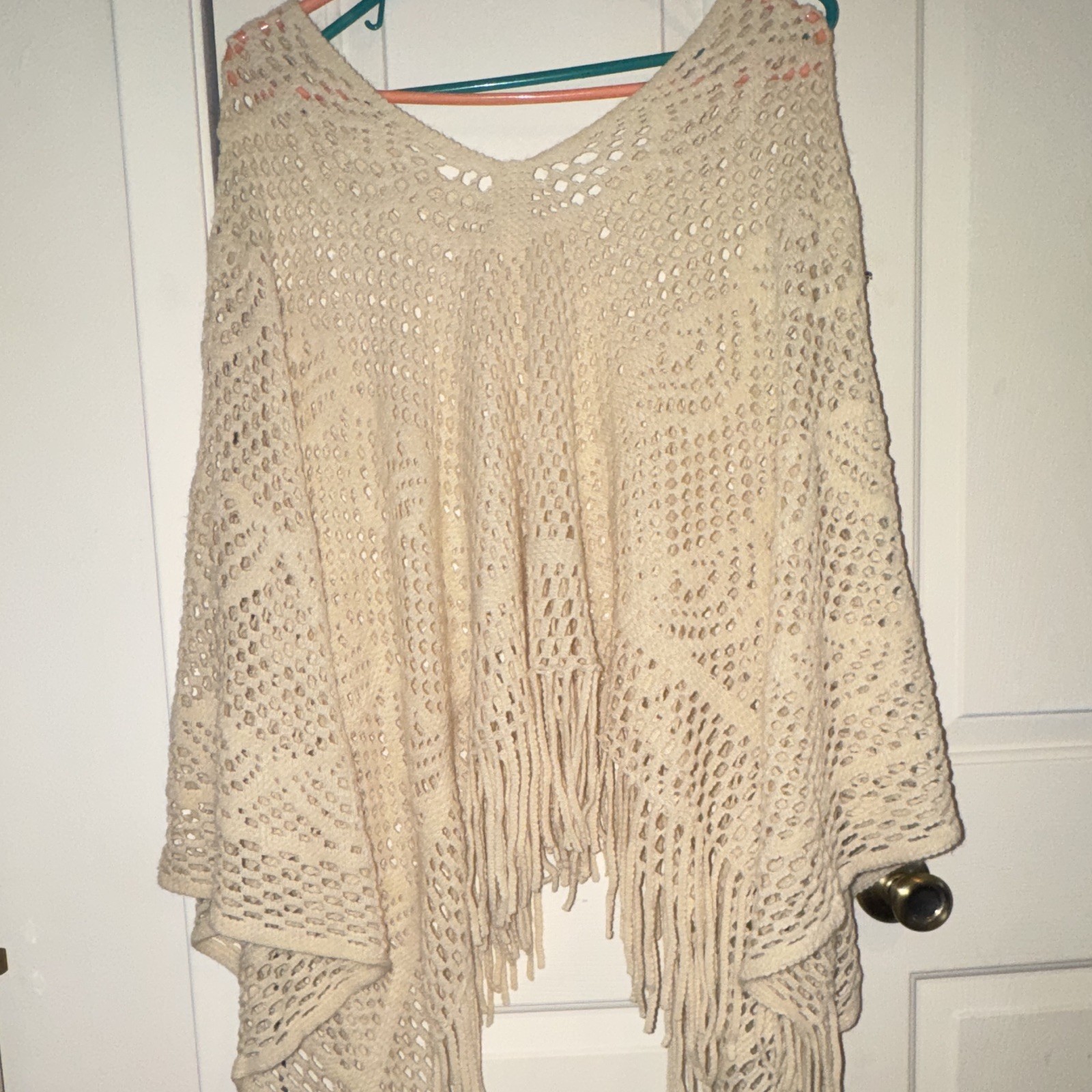 Women’s Beige Open Knit Crochet Knit Shawl Wrap Poncho with Fringe Accents