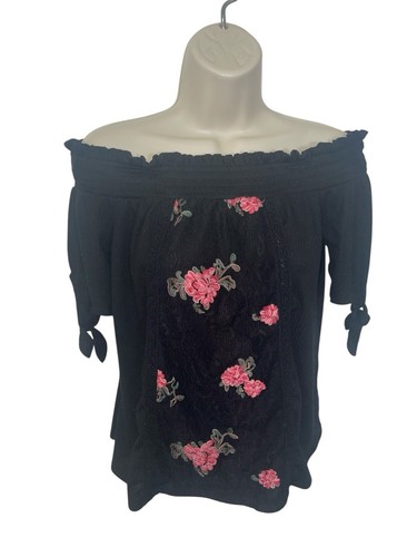 ALYA Women's Size Small Black Floral Smocked Off-the-Shoulder Top - Picture 1 of 11