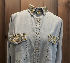 ST. MAARTEN Dallas TX USA VTG Ornate Sparkle Western Flair Denim Shirt L READ