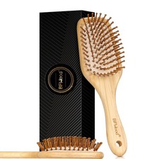 Bamboo Hair Brush with Paddle, Rounded Wood Bristles for Detangling and Gentl...