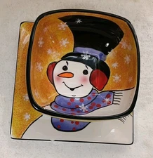 Sakura Snowman Smiles Earthware Bowl And Plate Has Two Minor Chips See Pictures 