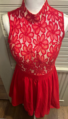 Chi Chi London Women's Red Floral Lace High Neck Sleeveless Dress size 14