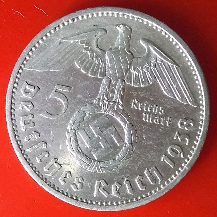 Silver 1938 A 5 ReichsMark from Germany w/ Swastika WW2 Coin, Combined Shipping 