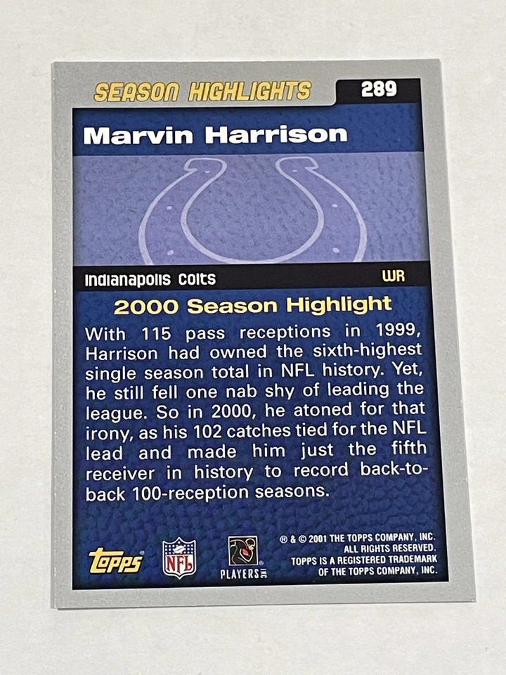 2001 Topps Football #289 - Marvin Harrison - Indianapolis Colts - Image 2 of 2