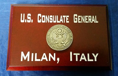 U.S. Consulate General Milan, Italy Cherry Wood 4'' X 6'' X .75'' Sign MADE IN USA