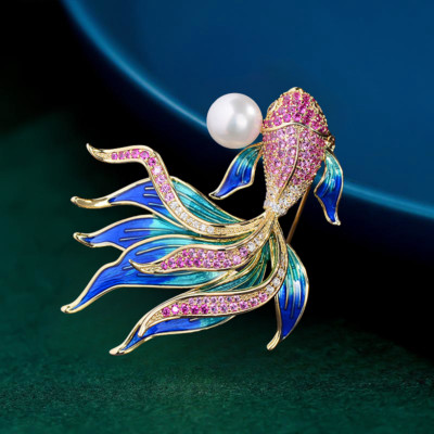 Gold Plated Rose Pink Cubic Zirconia Enamel Pearl Tropical Fish Brooch Pin
