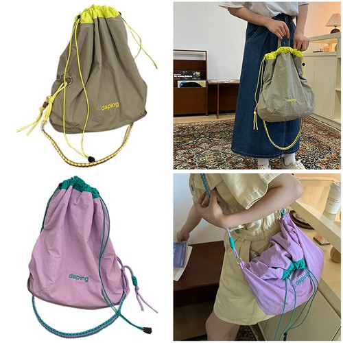 Nylon Drawstring Bag Leisure Lightweight Large Contrast Color Crossbody Bag - Picture 3 of 25
