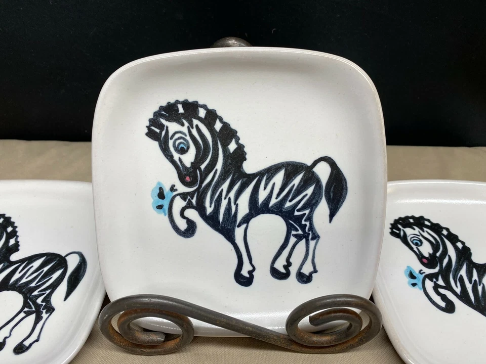 Set of 7 ~ Glidden Art Pottery "ZEBRA" Canape Appetizer Plates #35 ~ 5 1/2" - Image 2 of 4