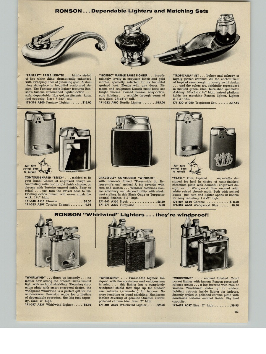 1957 PAPER AD Ronson Pocket Table Cigarette Lighters Essex