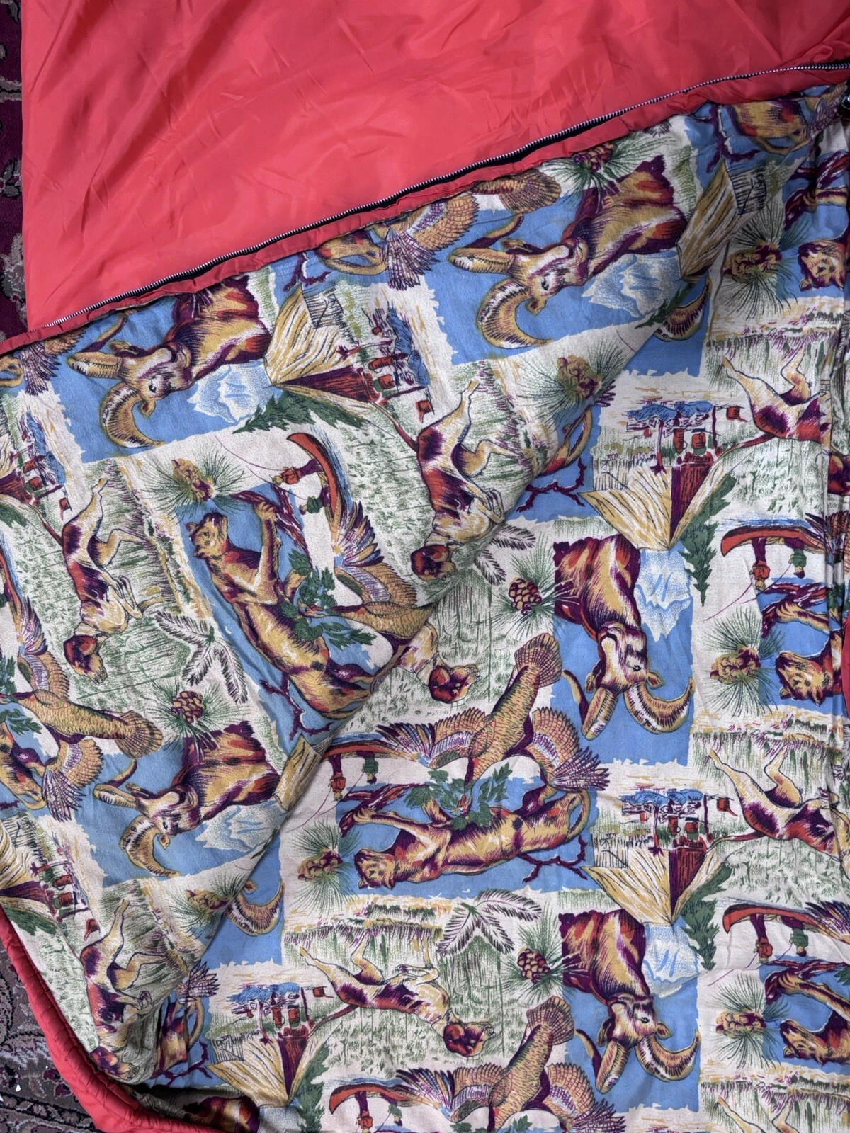 VTG Hunting Sleeping Bag Cougar Eagle Canoes Dog Flannel And Orange 60s 70s