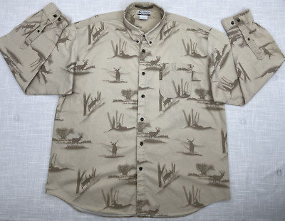 Columbia River Lodge Beige Deer Print Corduroy Long Sleeve Shirt Mens Sz XL
