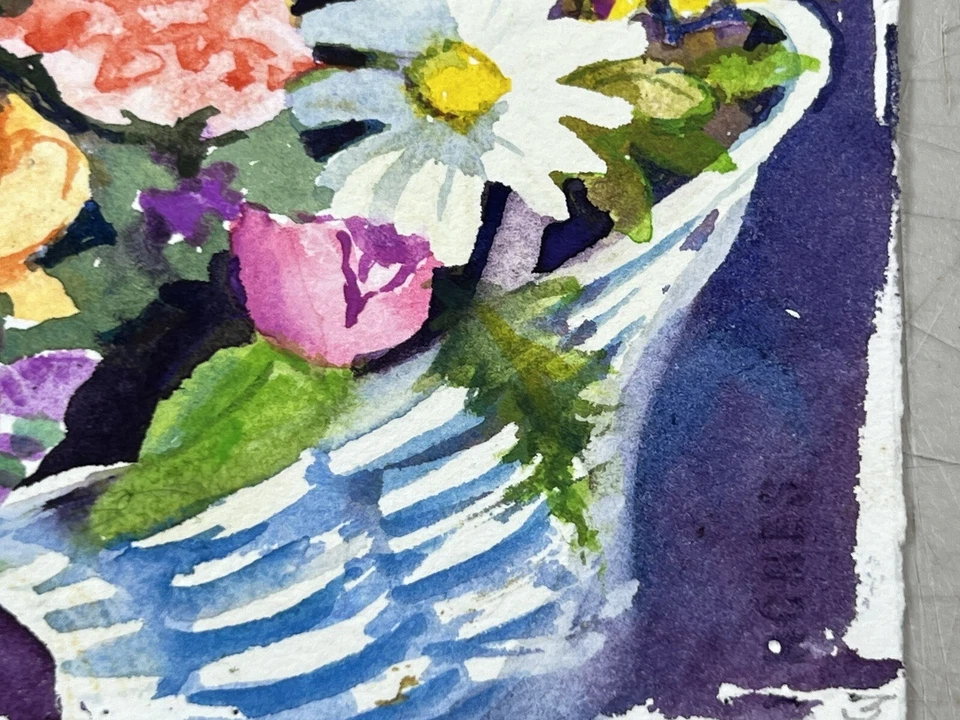 Dee Sinnett Original Acuarela Pintura Cesta de Flores 6x6” Firmado Arte Flor Foto 4 de 4