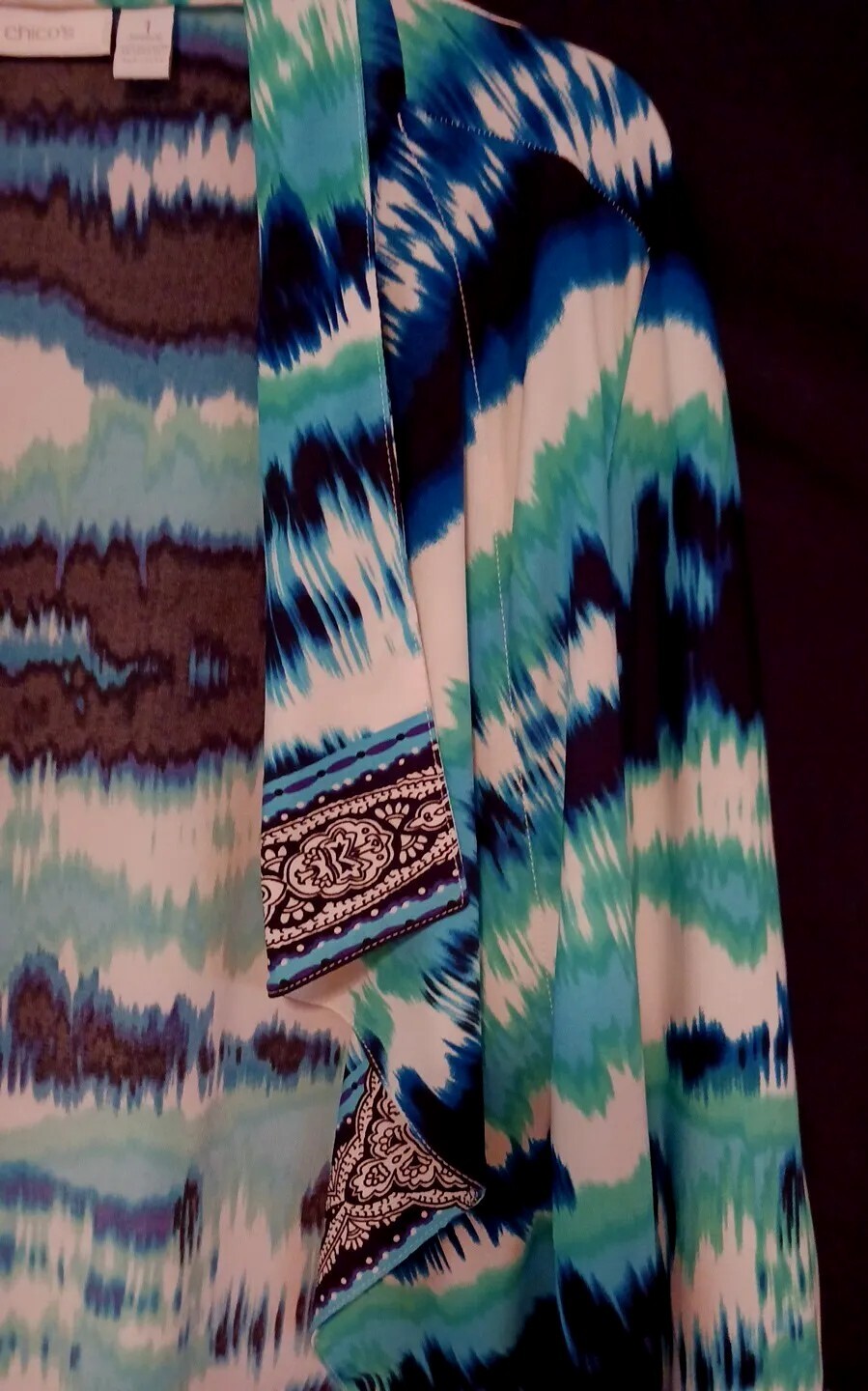 Chico's Aqua/cobalt/blk/wh L/S Open Drapey Cardig… - image 3