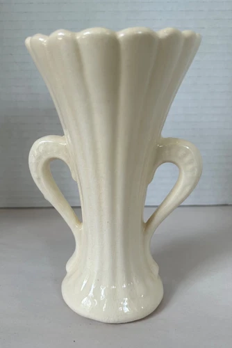 Vintage McCoy Art Deco Double Handle Vase Cream Glaze USA 564 5.75”