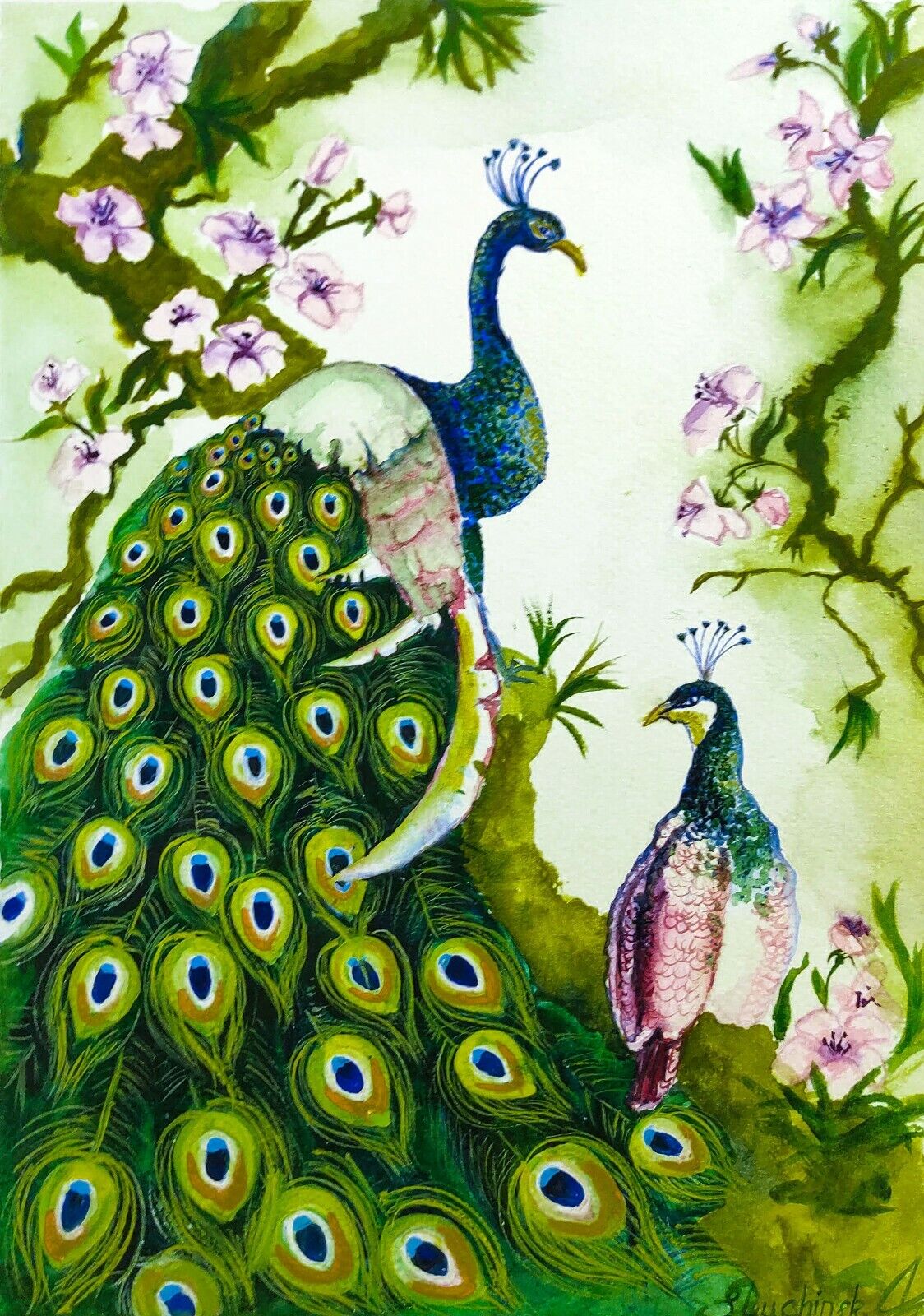 Peacock Painting Vibrant Watercolor Original Art Couple Artwork ...