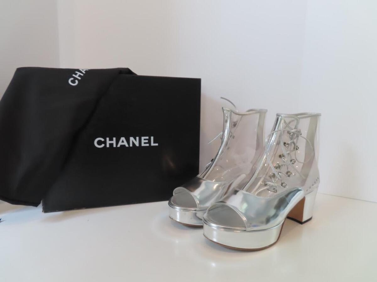 CHANEL Silver Leather/Clear PVC Block Heeled Open Toe Ankle CHANEL Silver Leather/Clear PVC Block Heeled Open Toe Ankle