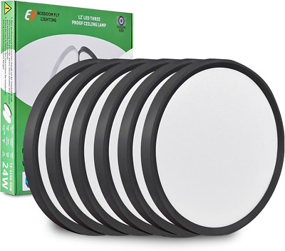 12'' LED Flush Mount Ceiling Light 6PK, 24W, CCT Selectable, Black
