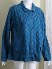 Focus Usa Xl Art-wear Lux Shirred Teal Chenille Zig Zag Funky Jacket Lagenlook
