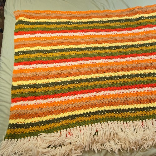 VTG Afghan Crochet Stripe Reversible Orange Green Fall Fringe Rare Pattern 49x68 - Picture 2 of 11